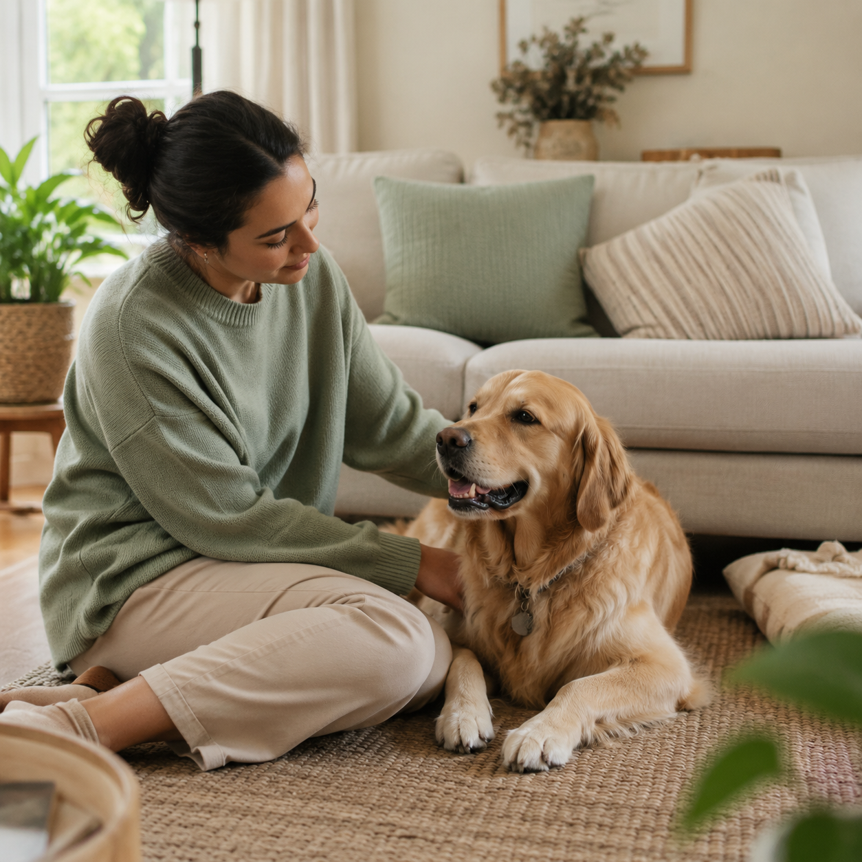 Dog parent practicing calm separation-anxiety support at home