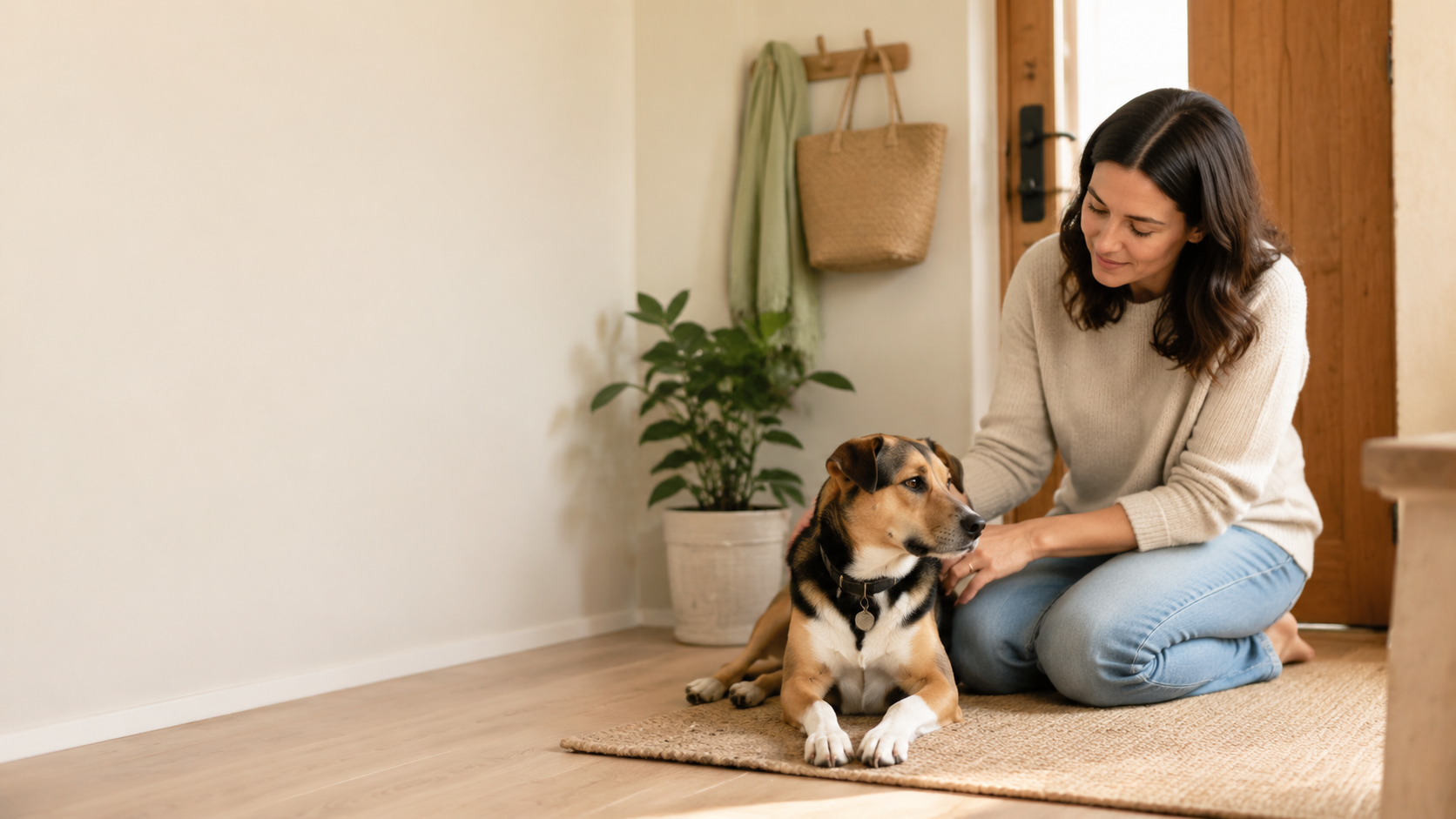 A dog relaxing calmly beside its owner at home