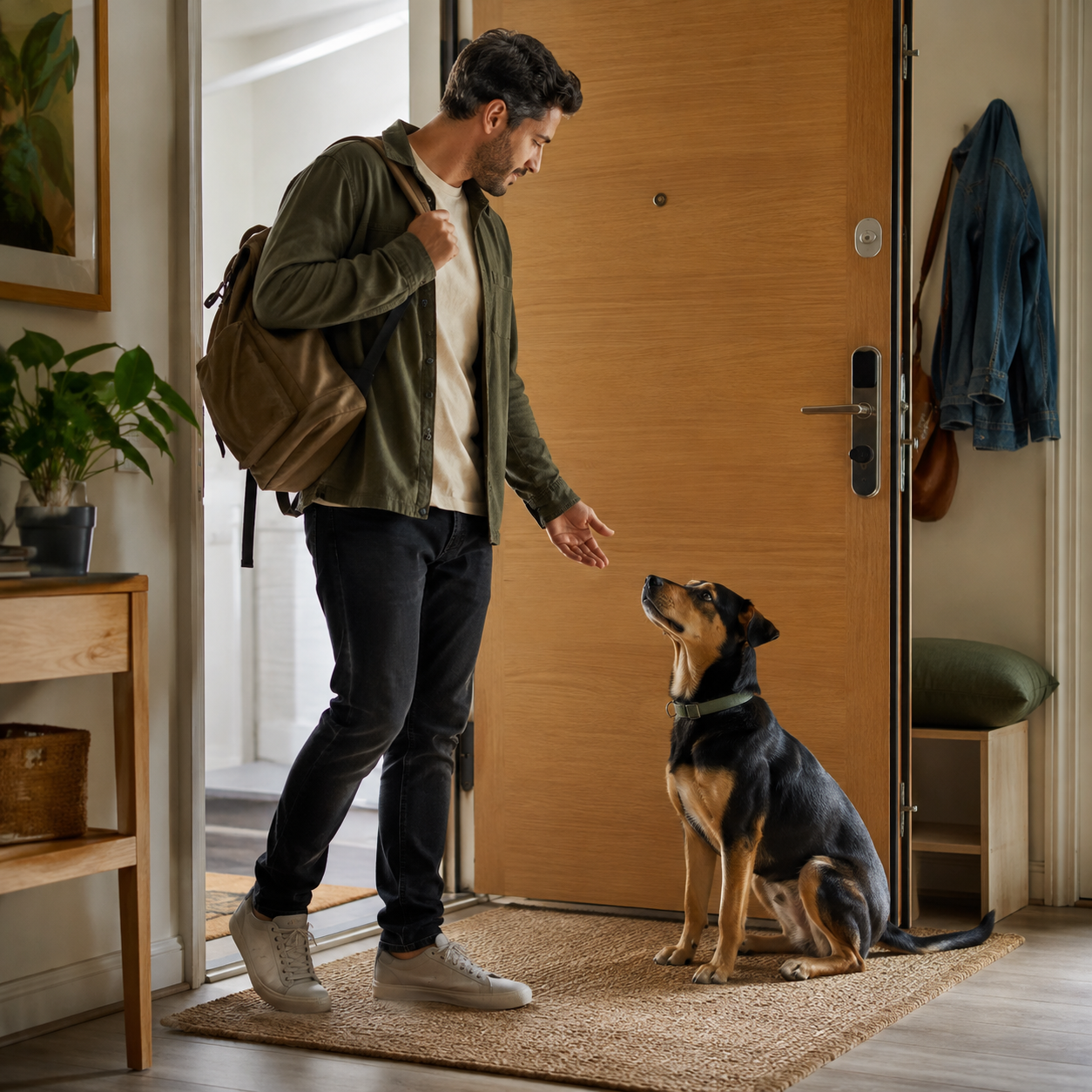 Dog parent practicing calm separation-anxiety support at home